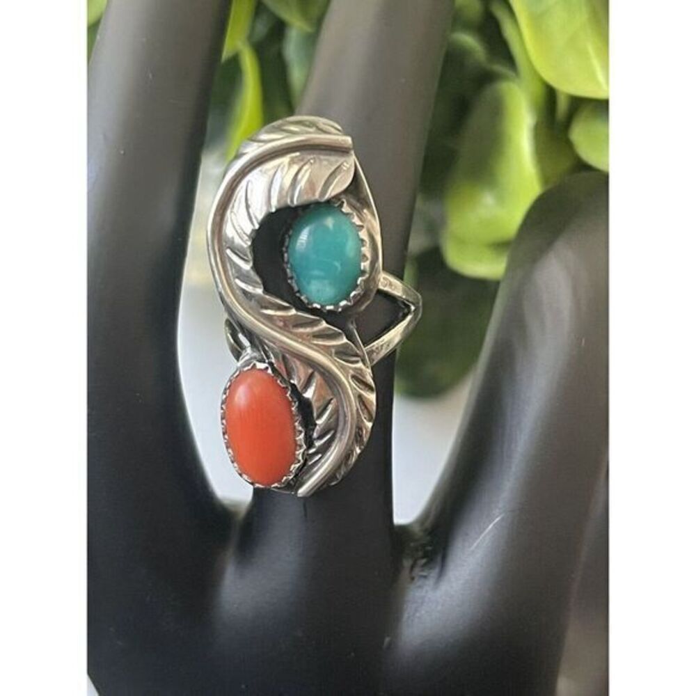 NAVAJO‎ 925 Silver - Vintage Turquoise & Coral Floral Cocktail Ring Sz 6